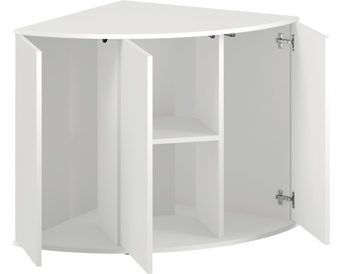 Bílá rohová skříňka s otevřenými dvířky a policemi