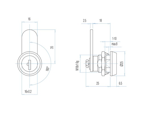 Technický výkres zámku skříně s rozměry