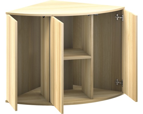 Rohová skříň s otevřenými dveřmi a vnitřními policemi