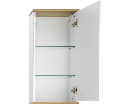 Otevřená koupelnová skříňka se dvěma skleněnými policemi