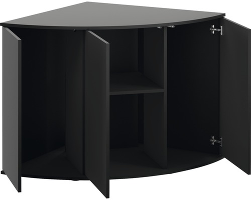 Černá rohová skříňka s otevřenými dvířky a policí