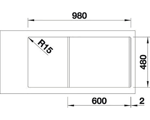 Technický nákres umyvadla o rozměrech 980 x 480 mm