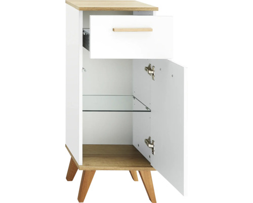 Noční stolek se zásuvkou, dvířky a skleněnou policí