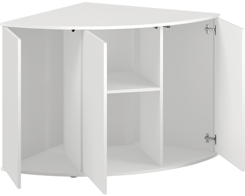 Bílá rohová skříňka s otevřenými dveřmi a policí