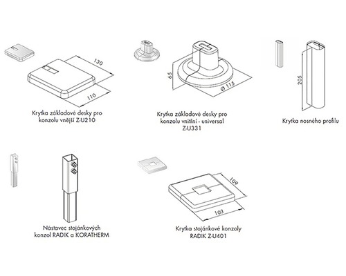 Nákres různých montážních prvků pro konzole radiátorů s rozměry