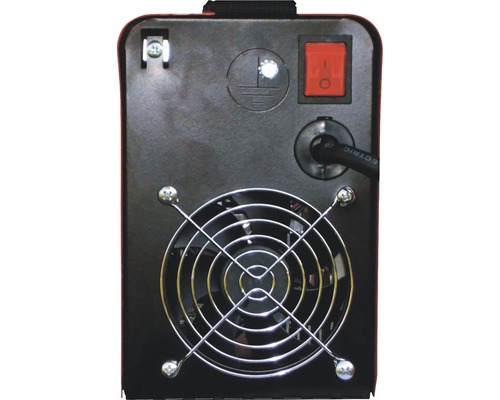 Pohled zezadu na svářečku s vypínačem, symbolem uzemnění a ventilátorem