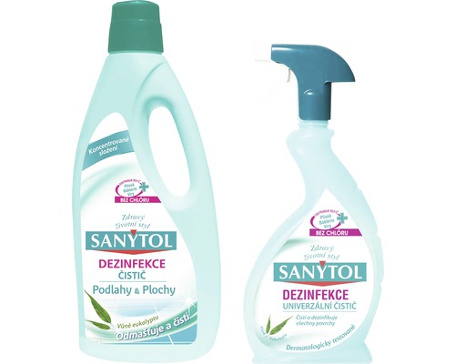 Čisticí prostředek Sanytol na podlahy 1 l + Sprej Sanytol eukalyptus 500 ml Sanytol Dezinfekce na podlahy a povrchy a univerzální čisticí prostředek