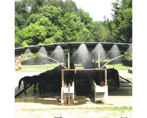 Kůň pod zavlažovacím systémem pro chlazení a čištění