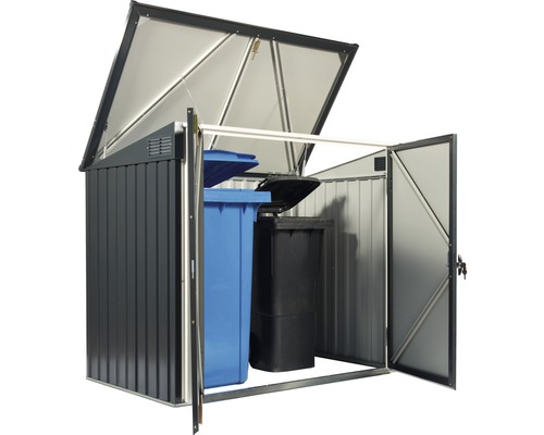 Kovový box na popelnice s otevřeným víkem a dvěma popelnicemi