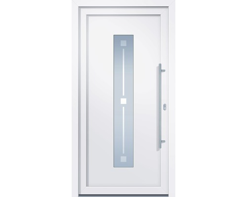 Bílé vchodové dveře se skleněnou vložkou a madlem
