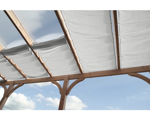 Sluneční plachta na lankové upínání, PES 140 g/m², stříbrno-šedá 330x96 cm Pergola se sluneční ochranou viděná zespodu