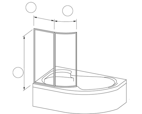 Technický nákres rohové vany se sprchovou zástěnou pro ilustraci rozměrů.