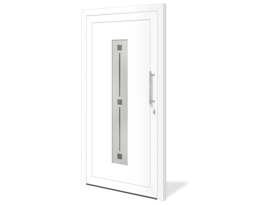 Bílé vchodové dveře s nerezovými aplikacemi a madlem