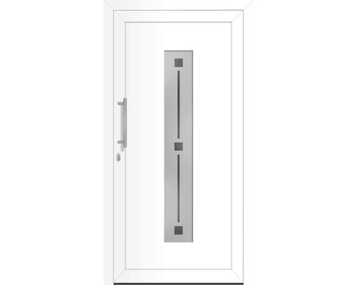 Bílé vchodové dveře se skleněnou vložkou a nerezovou klikou