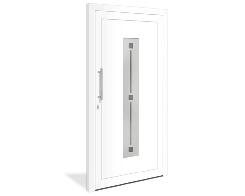 Bílé vchodové dveře se skleněnou výplní a madlem