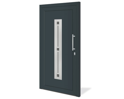 Vchodové dveře s klikou a obdélníkovou skleněnou vložkou