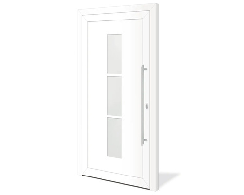 Bílé vchodové dveře se skleněnými výplněmi a madlem