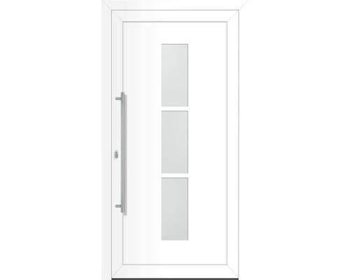 Bílé vchodové dveře se třemi skleněnými výplněmi a madlem