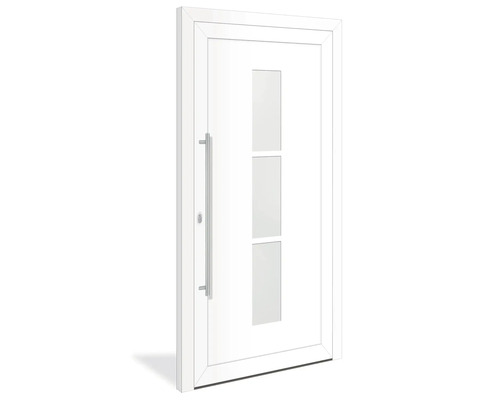 Bílé vchodové dveře se třemi okny a klikou