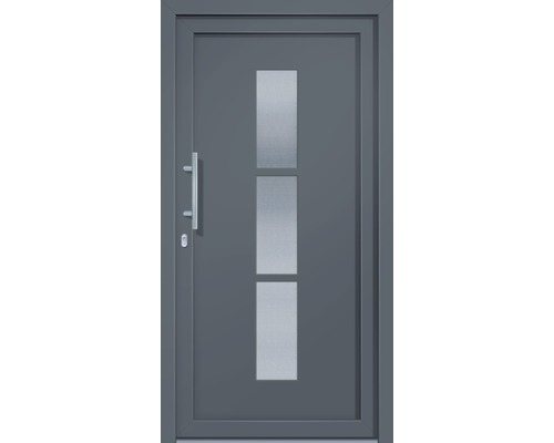 Vchodové dveře se třemi obdélníkovými skleněnými vložkami a madlem