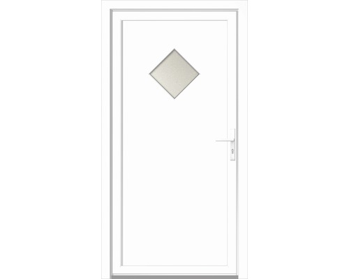 Bílé vchodové dveře s kosočtvercovým oknem a klikou