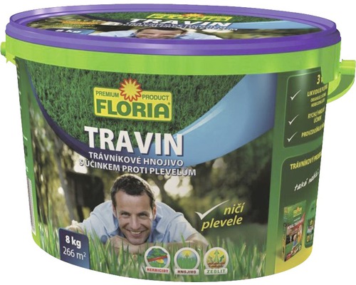 Trávníkové hnojivo s účinkem proti plevelům Floria Travin 8 kg Floria Travin trávníkové hnojivo s likvidací plevele v kbelíku, 8 kg
