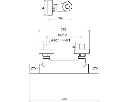 Technický výkres vodovodní baterie s rozměry