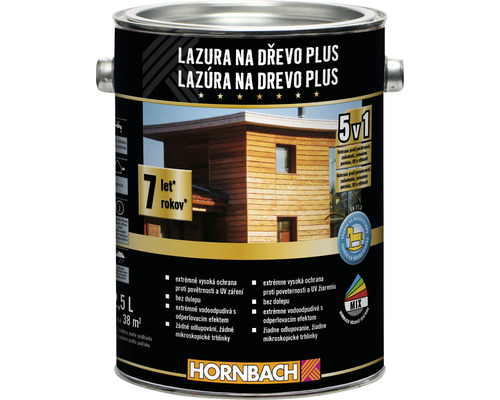 Lazura na dřevo Hornbach Plus 2,5 l borovice Lazura na dřevo v kovovém kbelíku s nápisy 5v1, sedmiletá záruka, 5 litrů a logem Hornbach.