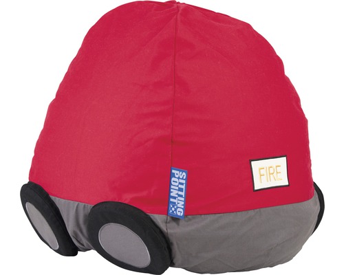 Červený sedací vak ve tvaru hasičského auta s logem Sitting Point