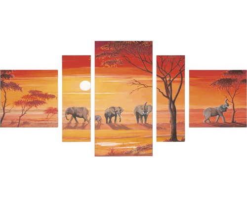 Obraz na plátně pětidílný motiv sloni 80x160cm