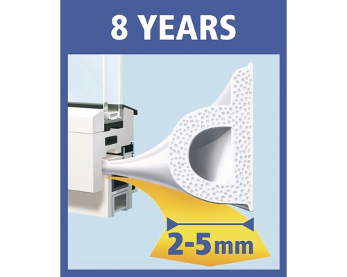 Těsnění oken s životností 8 let a šířkou mezery 2 až 5 milimetrů.