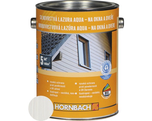 Lazura na dřevo Hornbach Aqua silnovrstvá 2,5 l bílá Plechovka barvy se silnovrstvou lazurou Aqua na okna a dveře