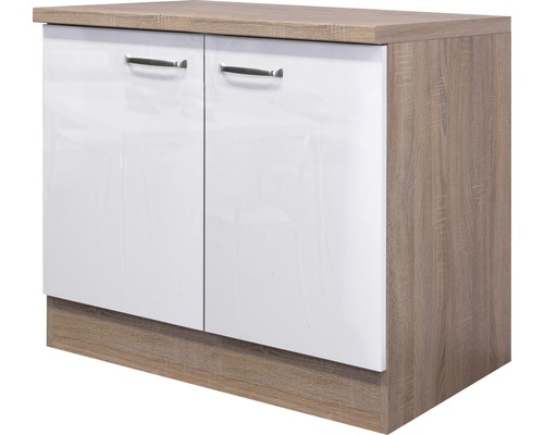 Kuchyňská skříňka pod dřez Flex Well Valero šířka 100 cm bílá vysoce lesklá Spodní skříňka se dvěma dvířky a kovovými úchyty