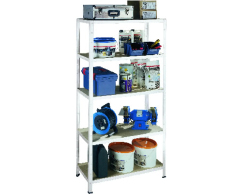 Kovový regál Schulte R4020-05-04 1800x900x450 mm, 5 polic, nosnost 875 kg, bílý Regál s boxem na nářadí, nádobami na barvy, bruskou a kabelem