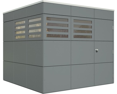 Šedá kůlna na nářadí s dveřmi a okny
