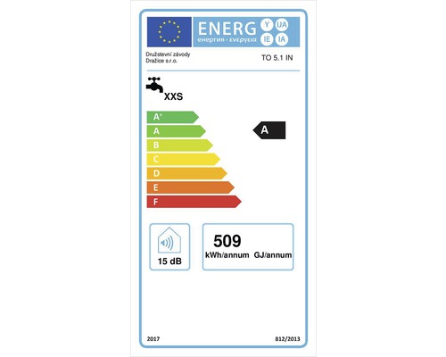 Energetický štítek pro vodovodní baterii s třídou energetické účinnosti A, spotřebou vody XXS, hlučností 15 decibelů a spotřebou energie 509 kilowatthodin ročně.