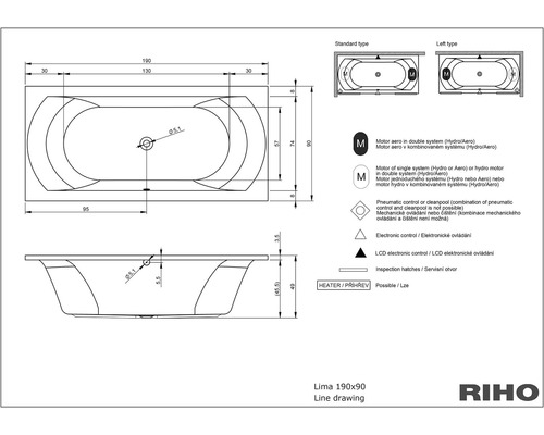 Technický nákres vany Lima 190x90