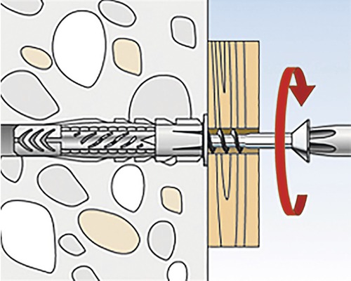 Ilustrace hmoždinky se šroubem ve zdi a kusem dřeva.
