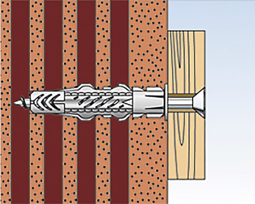 Ilustrace upevnění hmoždinky ve zdi s kusem dřeva