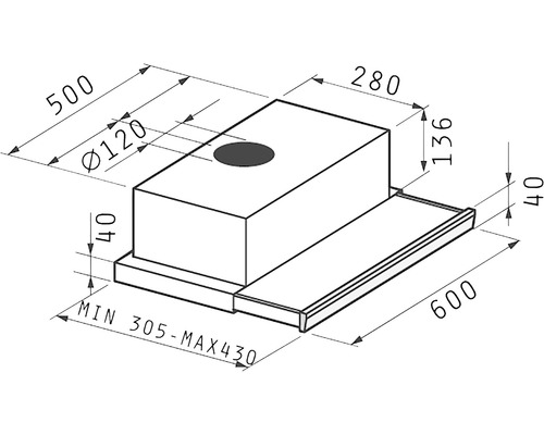 Technický nákres odsavače par s rozměry