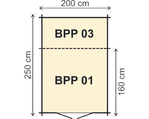 Technický nákres s rozměry 200 cm šířka a 250 cm výška