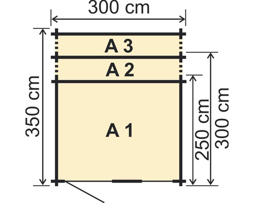 Technický nákres dřevěné chaty s rozměry v centimetrech