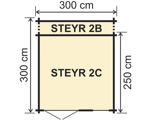 Půdorys zahradního domku Steyr 2 o rozměrech 300 krát 300 centimetrů a přístavby Steyr 2B o šířce 300 centimetrů