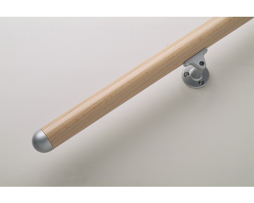 Dřevěné madlo se stříbrnými držáky a koncovkami pro montáž na stěnu