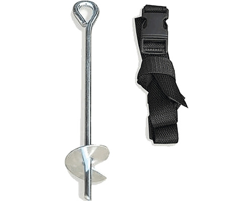 Zemní kotva a upínací popruh pro upevnění