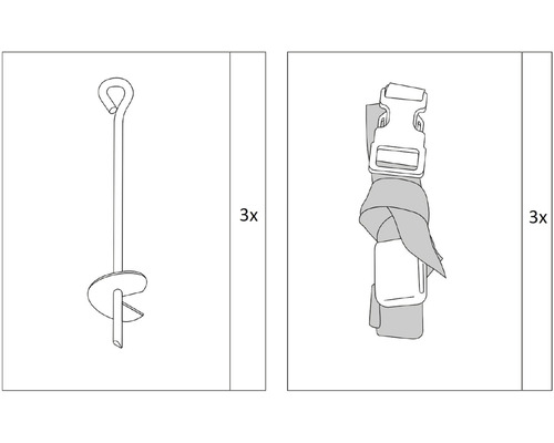 Obrázek tří zemních hřebíků a tří napínacích popruhů