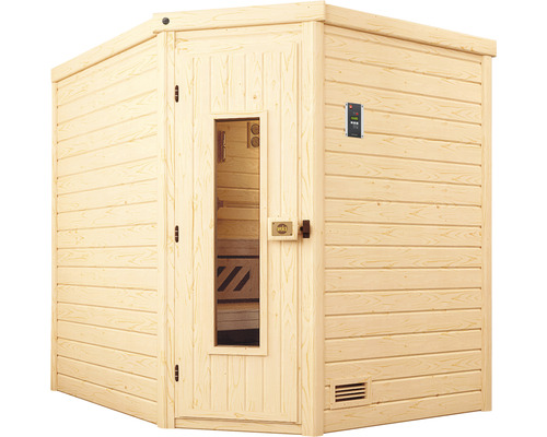 Dřevěná sauna s prosklenými dveřmi a ovládacím prvkem