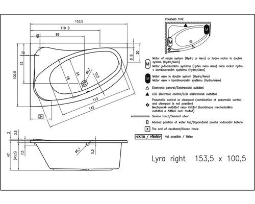 Technický nákres vany Lyra pravá, 153,5 x 100,5 cm s rozměry