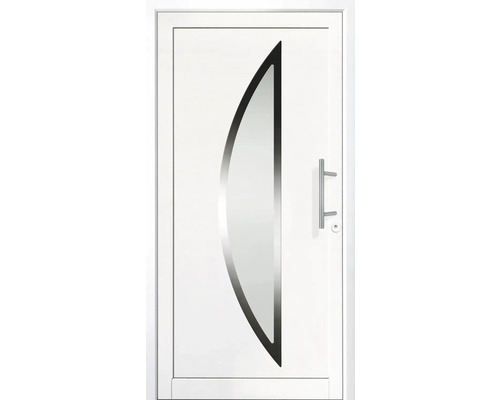 Bílé vchodové dveře s půlměsícovou skleněnou vložkou a klikou