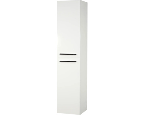 Bílá vysoká skříň se dvěma dvířky a úzkými madly